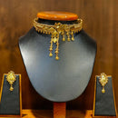 Gold plated choker set with matching earrings, featuring elegant design and intricate detailing for a stylish look.