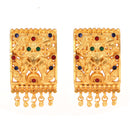 Ornate gold plated earrings with intricate design and colorful stones, perfect for pairing with traditional jewelry.