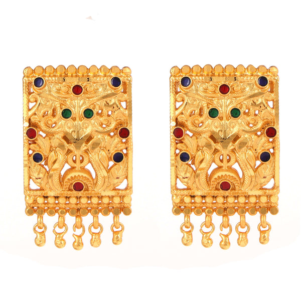 Ornate gold plated earrings with intricate design and colorful stones, perfect for pairing with traditional jewelry.