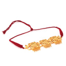 Intricate gold plated choker design with traditional motifs and red thread, perfect for festive occasions.
