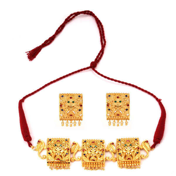 Aishani Regal Choker Set featuring a gold plated necklace and matching earrings, showcasing intricate design details.