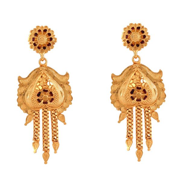 Gold plated Bengali bridal earrings featuring intricate design and dangling chains.