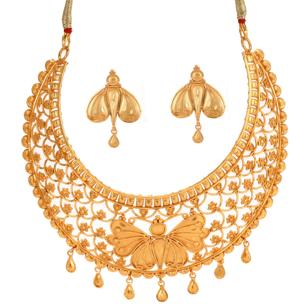 Elegant butterfly charm bridal choker set with matching gold plated earrings and intricate design details.