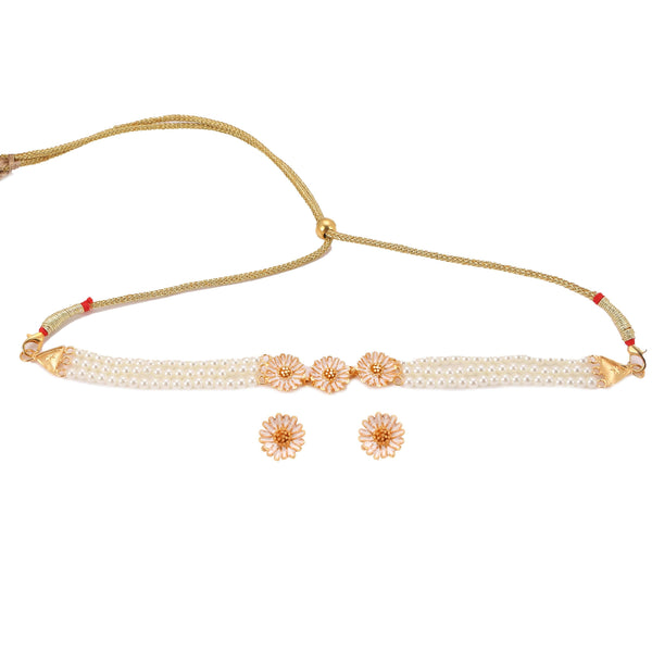 Daisy beaded choker set featuring gold plated design, pearl accents, and matching flower earrings.