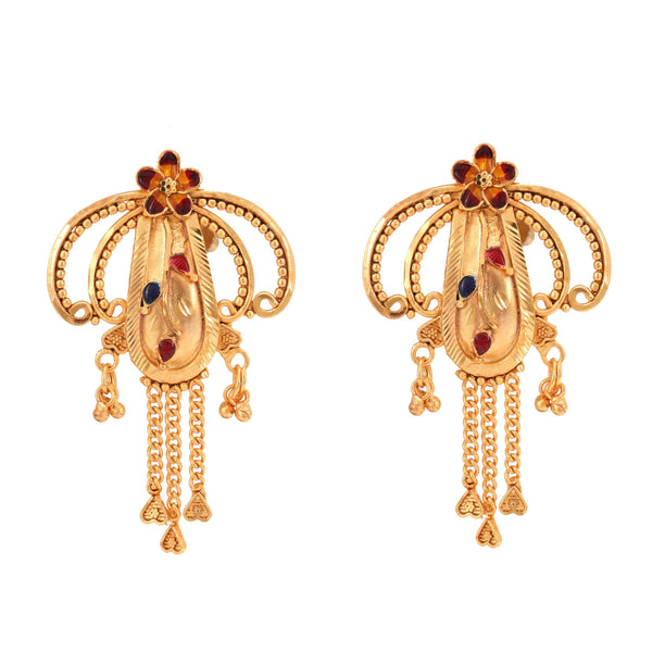 Gold plated Bengali bridal earrings with intricate design and hanging chains, perfect for wedding or festive occasions.