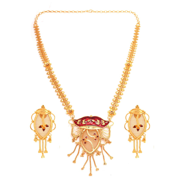 Mahira Minakari Jaal Work Long Sitahar Set, 24K gold plated copper necklace and earrings, perfect for Bengali bridal wear.