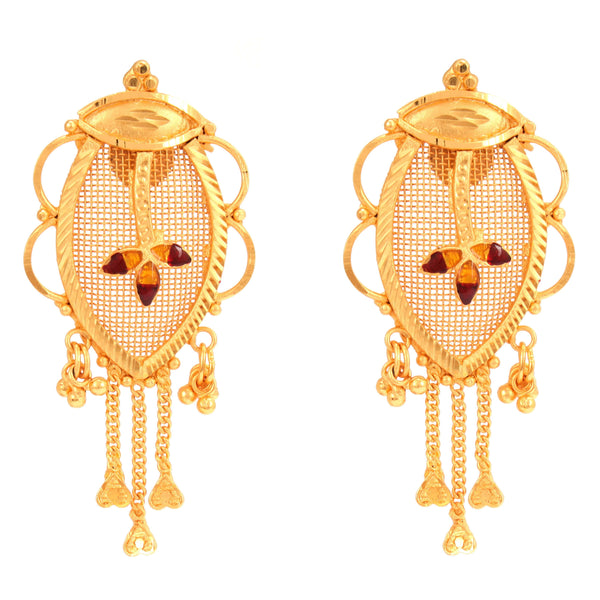 Elegant gold plated Bengali earrings with intricate design and dangle accents, perfect for bridal occasions.