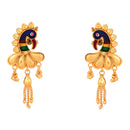 Gold plated peacock design earrings with intricate detailing and hanging chains.
