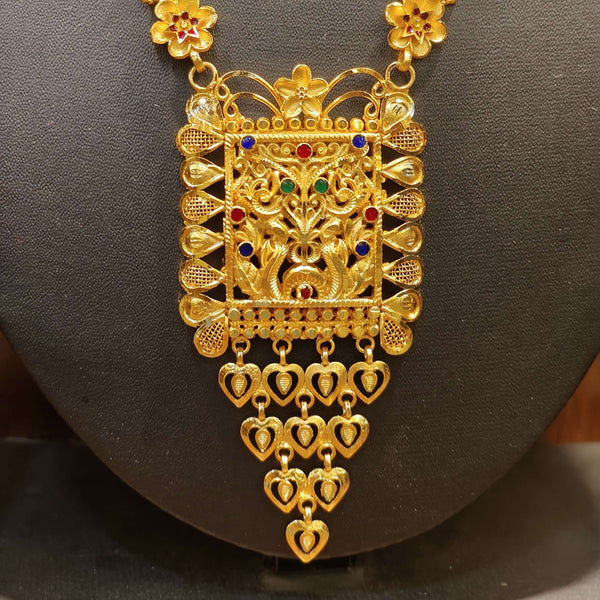 Intricate gold plated Bengali necklace with colorful stones, perfect for bridal attire or special occasions.