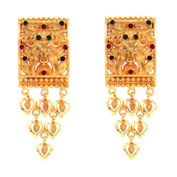 Elegant gold plated Bengali earrings with intricate design and heart-shaped dangles, perfect for bridal occasions.