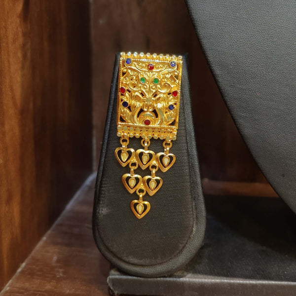 Gold plated Bengali jewelry earring with intricate design and heart-shaped charms, perfect for bridal attire.