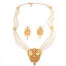Prashi white beaded sitahar necklace and earrings set, 24K gold plated, perfect for Bengali bridal occasions.