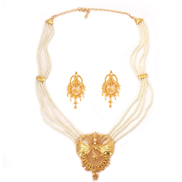 Prashi white beaded sitahar necklace and earrings set, 24K gold plated, perfect for Bengali bridal occasions.