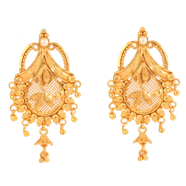 Elegant gold plated earrings with intricate design, perfect for Bengali bridal jewelry, adding a touch of sophistication.