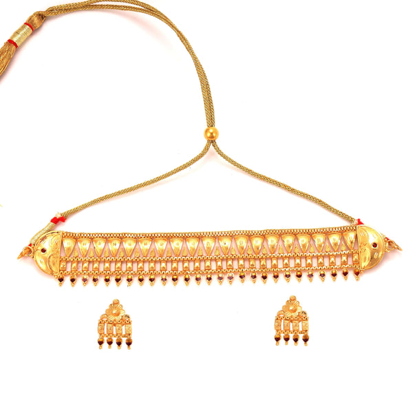 Riddhi gold plated choker necklace with matching earrings, intricate design, perfect for elegant occasions.