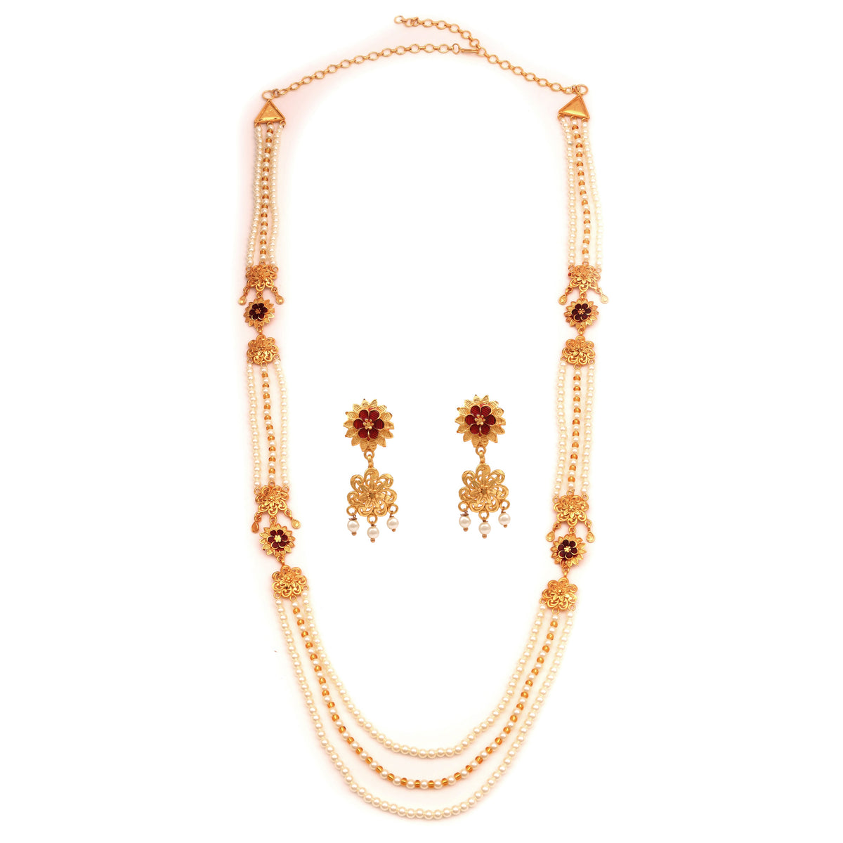 White Beaded Line Flower Framed Long Chatai Necklace Set