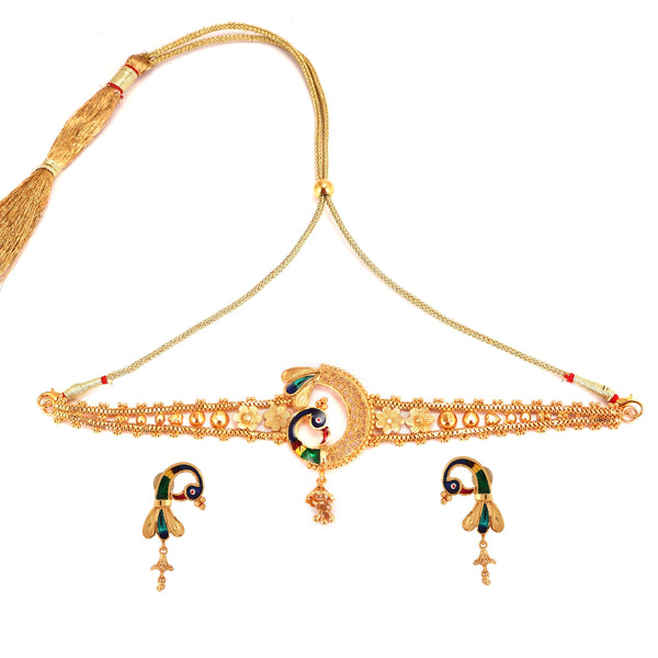 Dancing Peacock Choker Set: 24K gold-plated necklace with matching earrings, elegant Indian jewelry design.