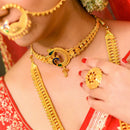 Dancing Peacock Choker Set with gold-plated necklace and earrings, adorned with colorful details, perfect for festive occasions.