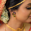 Dancing Peacock Choker Set featuring gold-plated earrings with colorful enamel detailing, perfect for festive occasions.