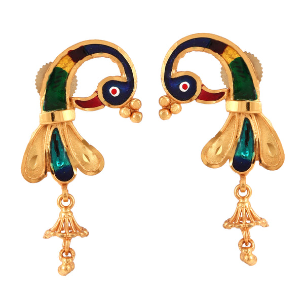Dancing Peacock earrings, gold-plated design with colorful accents, perfect match for a choker set.