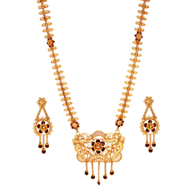 Gold plated Bengali traditional necklace and earrings set in a beautiful flower box design.