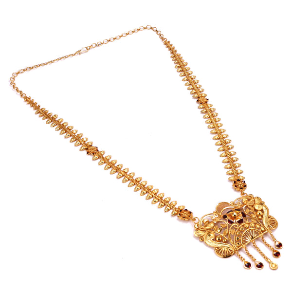 Traditional Bengali necklace, 24K gold plated copper with intricate design and colorful accents.