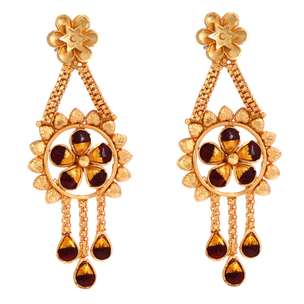 Elegant 24K gold plated earrings inspired by Bengali traditional design, featuring floral motifs and amber accents.