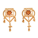 Gold-plated heart-shaped earrings with floral design and dangles, perfect match for Hrid choker set.