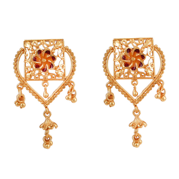 Gold-plated heart-shaped earrings with floral design and dangles, perfect match for Hrid choker set.