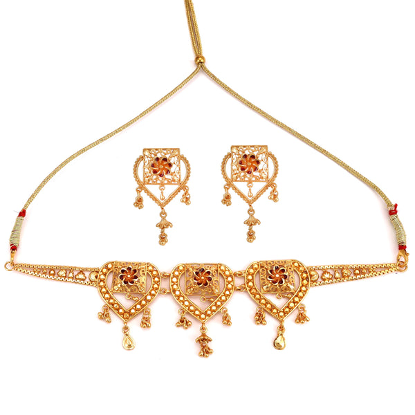 Hrid heart-shaped choker set with matching earrings, 24K gold-plated copper jewelry.