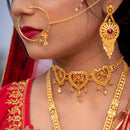 Heart-shaped gold-plated choker set with matching earrings, elegantly worn, showcasing intricate design details.