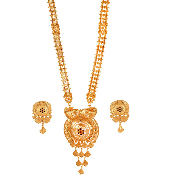 Mallika Jhalor Sitahar Set, 24K gold plated copper necklace and matching earrings, perfect for traditional Bengali occasions.