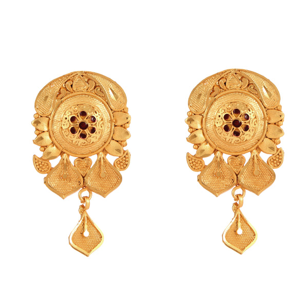 Gold plated Bengali traditional earrings featuring intricate design and drop embellishments.