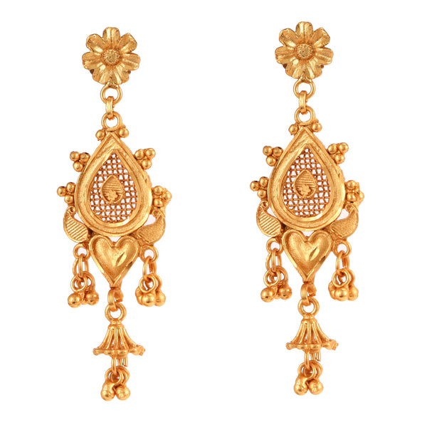 Traditional gold plated Bengali earrings featuring intricate design and floral detail, perfect for festive occasions.