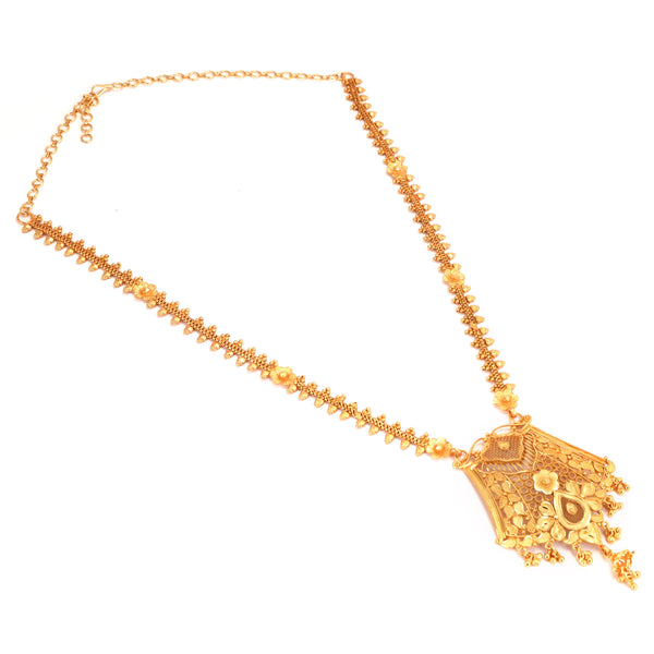 Pentagon locket necklace in gold plated copper, featuring intricate Bengali traditional design, ideal for elegant occasions.