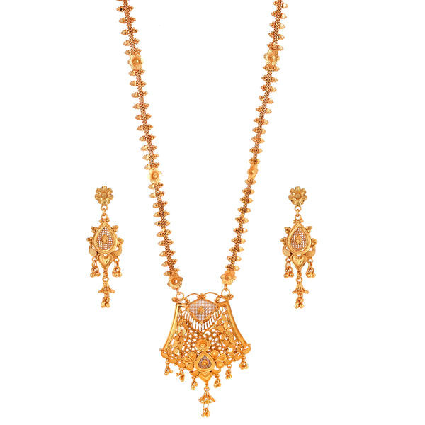 Pentagon Locket Sitahar Set in gold plated finish, featuring a necklace and matching earrings with traditional Bengali design.