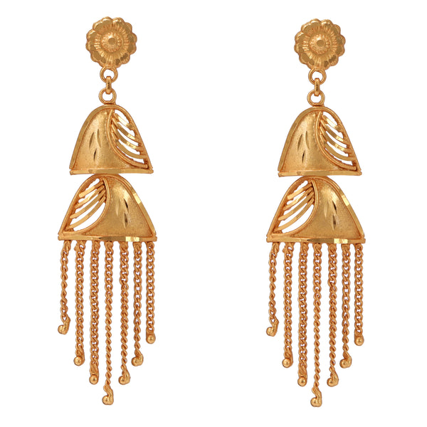 Traditional Bengali gold plated earrings with intricate cut-out design and elegant hanging chains.