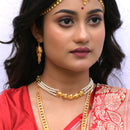 Model wearing Shefali Beaded Choker Set with gold-plated earrings, showcasing Indian traditional jewelry.