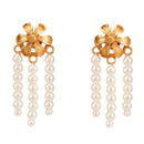 Gold-plated flower earrings with hanging pearls, perfect for formal and casual occasions.
