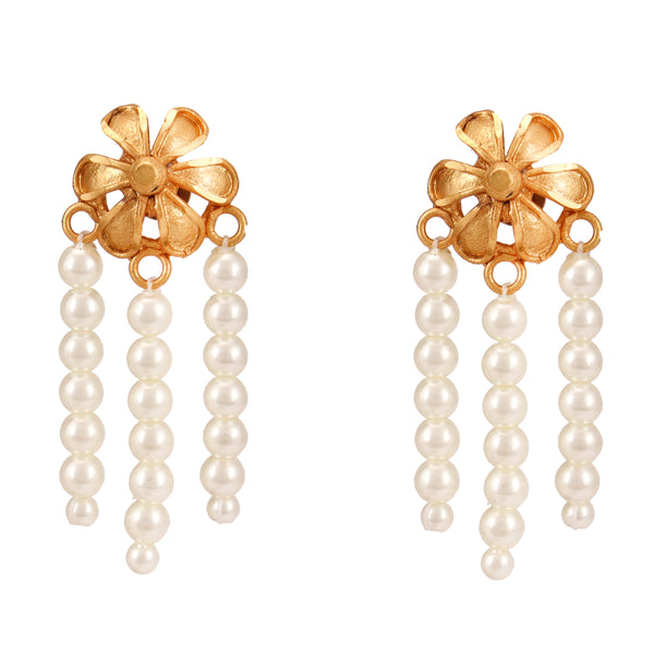 Gold-plated flower earrings with hanging pearls, perfect for formal and casual occasions.