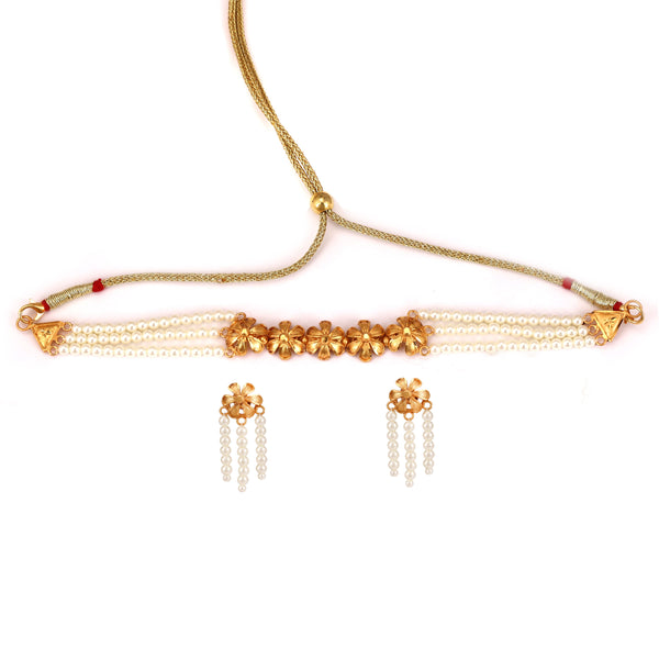 Shefali beaded choker set with matching earrings in 24K gold-plated copper and pearl design.