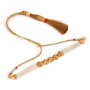 Shefali beaded choker set with 24K gold-plated copper and pearl detailing, includes matching earrings and warranty.