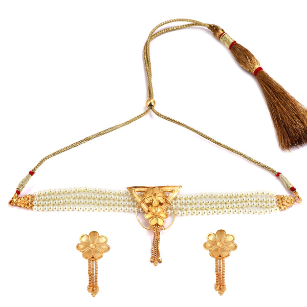 Triangle overlapped white beads choker set with matching earrings, 24K gold-plated copper, elegant jewelry.
