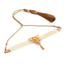 Elegant triangle overlapped white beads choker set with 24K gold-plated copper detailing and matching earrings.