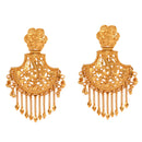 Gold plated Bengali traditional earrings featuring intricate floral design and hanging chains.
