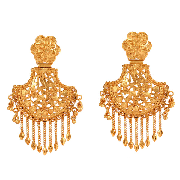 Gold plated Bengali traditional earrings featuring intricate floral design and hanging chains.