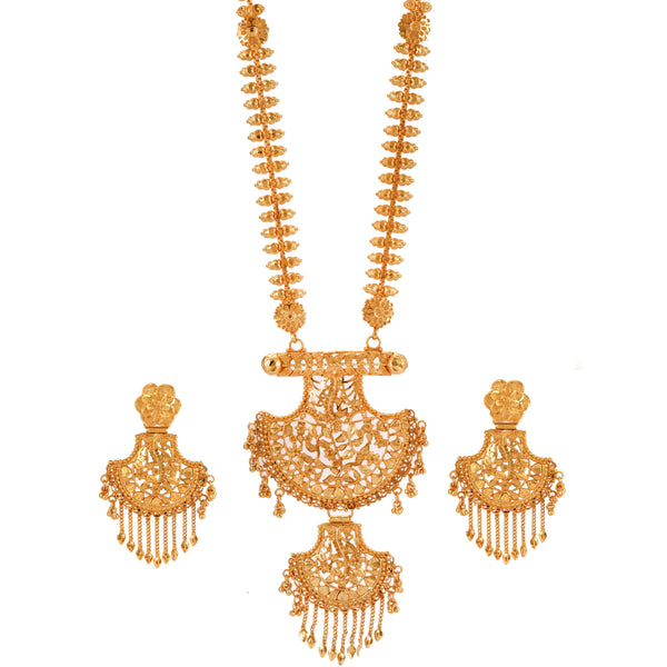 Elegant Bengali traditional Two Steps Latapata long sitahar set, featuring gold plated necklace and matching earrings.