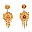 Gold plated Bengali bridal earrings featuring intricate design and dangling chains.