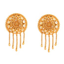 Gold plated earrings with circular floral design and hanging dangles, ideal for pairing with choker sets.