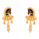 Gold plated peacock design earrings with intricate detailing and hanging chains.